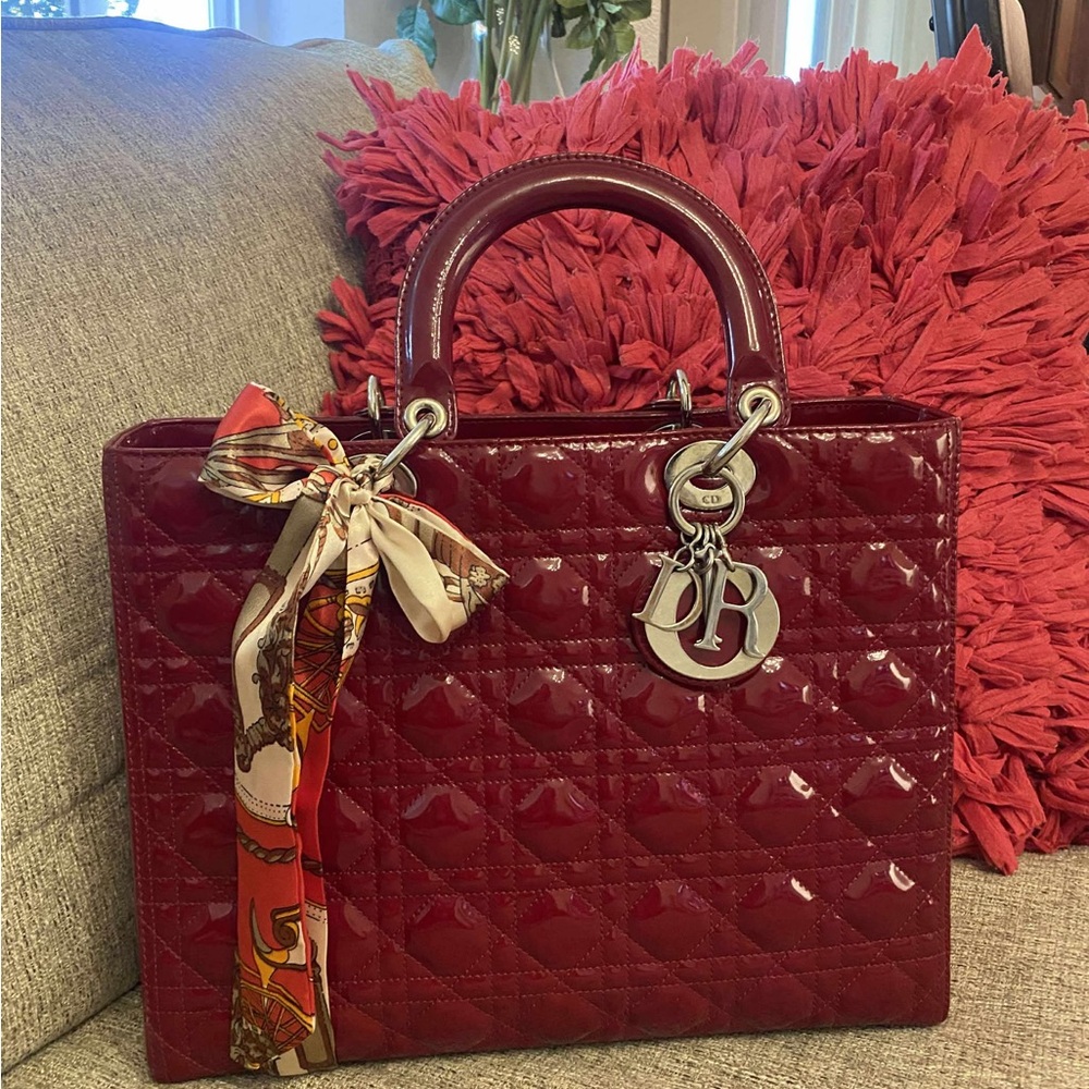 Large Dior Patent Quilted Tote with Silk Scarf